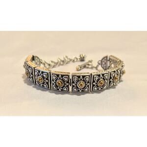 Retired Brighton Silver & Gold Tone Chunky Square Link Toggle Bracelet w/ Studs